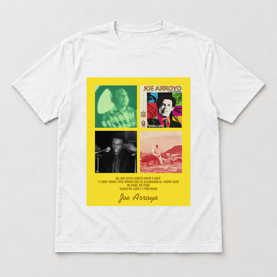 Camiseta blanca Joe Arroyo con diseño Echao pa’ lante, vista frontal.